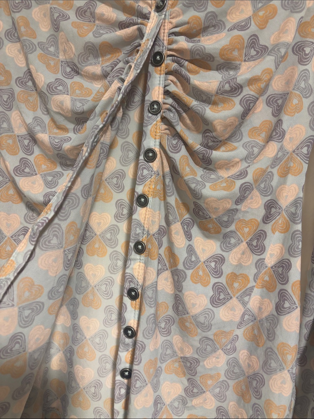Free People Beige and Light Blue Heart-Print Ruched Button-Down Top - Picture 3 of 6